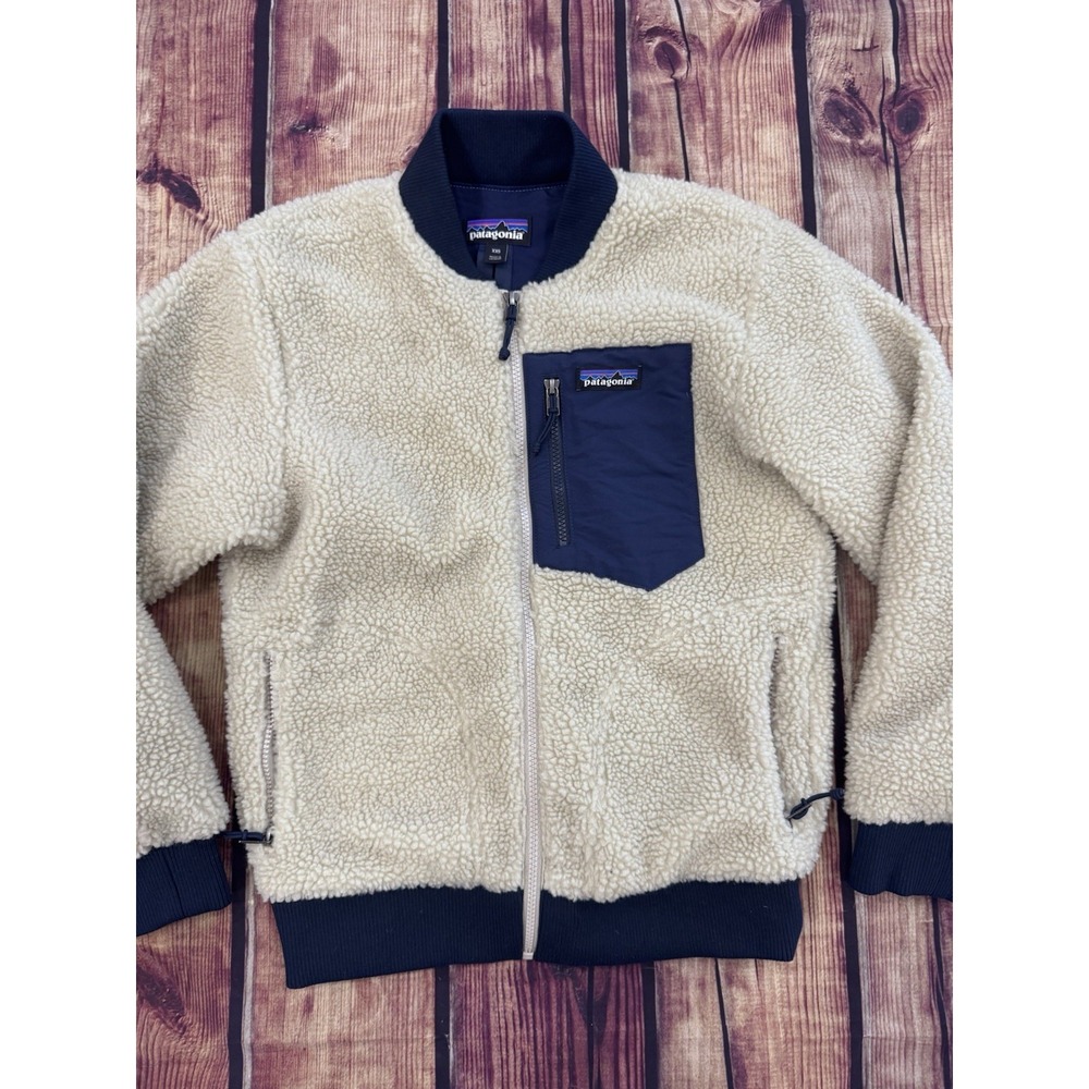 Patagonia Women's Beige Retro Full Zip Jacket Band Collar Zipped Pockets XXS